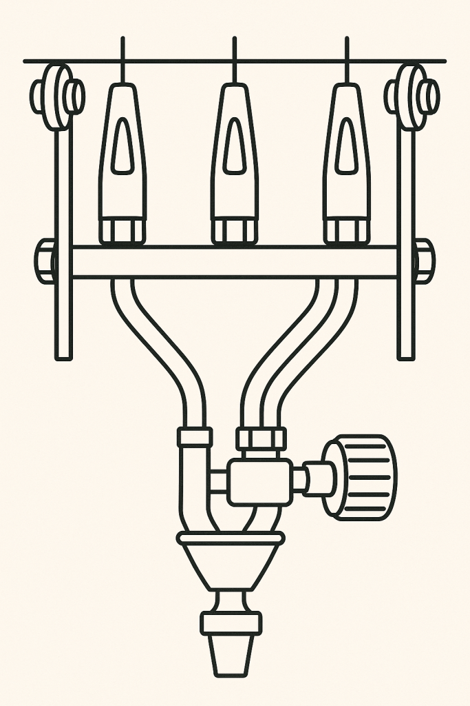 Technische Schemazeichnung eines 3-Flammenbrenners – Darstellung der drei parallel geführten Flammen für gleichmäßige Wärmeeinbringung