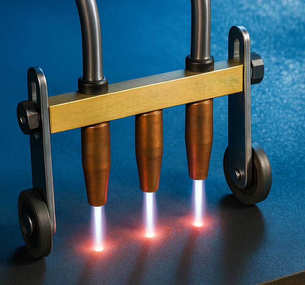 3-Flammenbrenner im Einsatz beim Flammrichten – gleichmäßige Wärmeeinbringung auf einer breiten Fläche