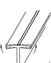 T-Stoß mit sichtbarem Schweißverzug und aufgetragenen Wärmestraßen zum Flammrichten